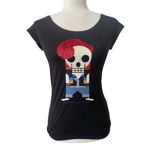Jorya Weekend Sequin Rockabilly Skeleton Scoop Neck Shirt